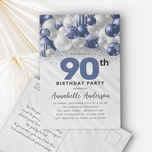 Navy Blue Balloon Glitter 90e verjaardag Briefkaart