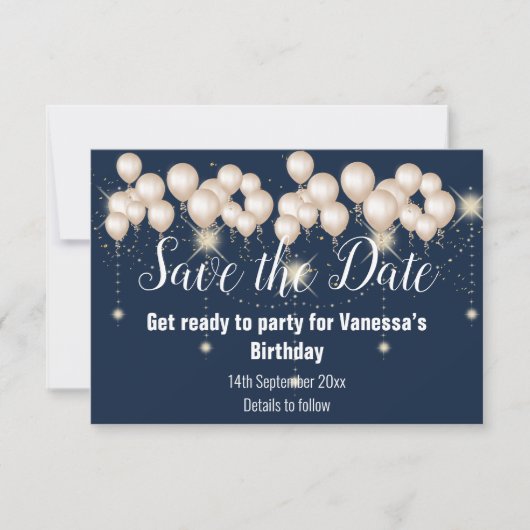 Navy Blue Balloon Sparkle Save the Date Kaart (Voorkant)