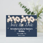 Navy Blue Balloon Sparkle Save the Date Kaart (Staand voorkant)
