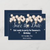 Navy Blue Balloon Sparkle Save the Date Kaart (Voorkant / Achterkant)