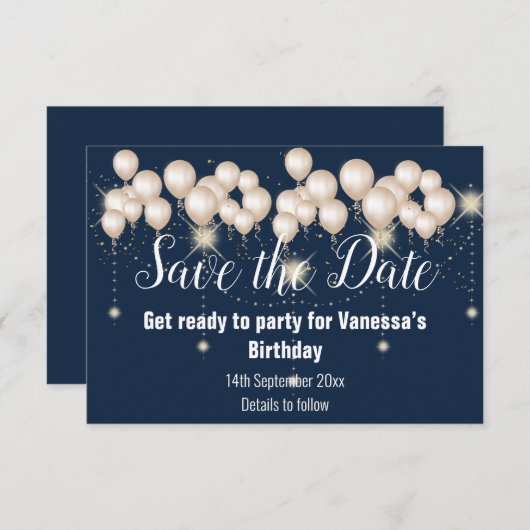Navy Blue Balloon Sparkle Save the Date Kaart (Voorkant / Achterkant)