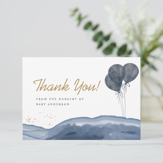 Navy Blue Balloon Waterverf Boho Baby shower  Bedankkaart (Staand voorkant)