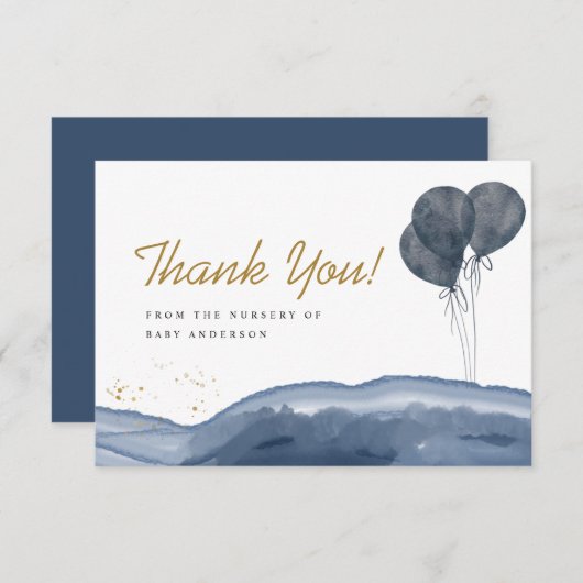 Navy Blue Balloon Waterverf Boho Baby shower Bedankkaart (Voorkant / Achterkant)