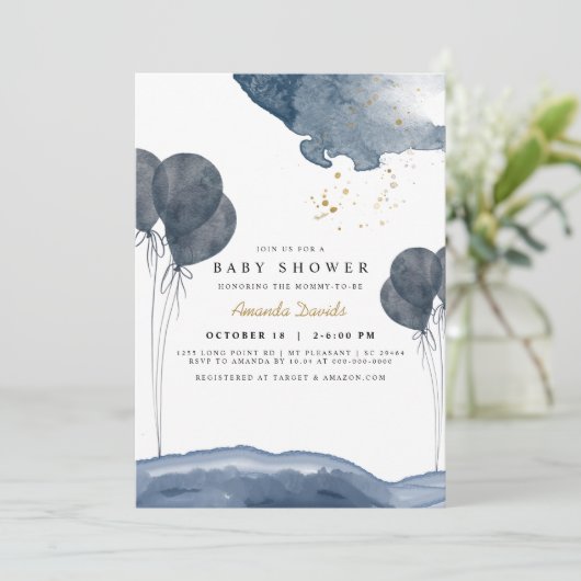 Navy Blue Balloon Waterverf Boho Baby shower Kaart (Staand voorkant)