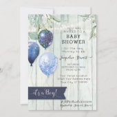 Navy Blue Balloons Rustic Wood Boy Baby shower Kaart (Voorkant)