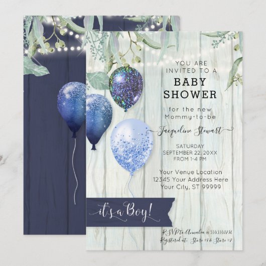 Navy Blue Balloons Rustic Wood Boy Baby shower Kaart (Voorkant / Achterkant)