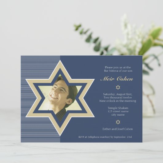 Navy Blue - Bar Mitswa Uitnodiging (Staand voorkant)