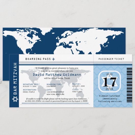 Navy Blue Bar Mitswa World Reizigerspas Kaart (Voorkant / Achterkant)