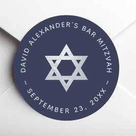 Navy Blue Bar Mitzvah - Faux Silver Star of David Ronde Sticker