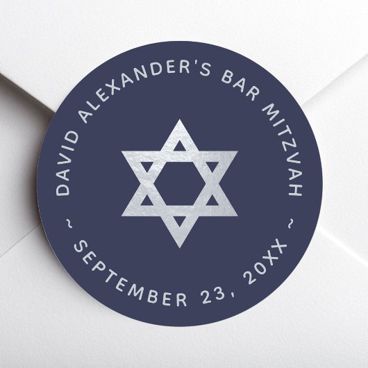 Navy Blue Bar Mitzvah - Faux Silver Star of David Ronde Sticker
