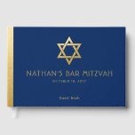 Navy Blue Bar Mitzvah Gold Star van David Custom Gastenboek<br><div class="desc">Elegant modern blauw en gouden klassieke bar mitzvah gepersonaliseerd aangepast gastenboek met aangepaste naam,  datum en ster van David.</div>