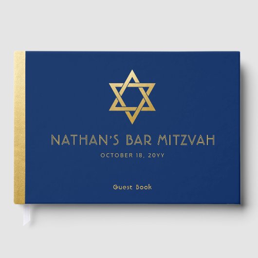 Navy Blue Bar Mitzvah Gold Star van David Custom Gastenboek (Voorkant)