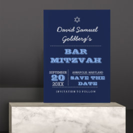 Navy Blue Bar Mitzvah Save the Date Kaart