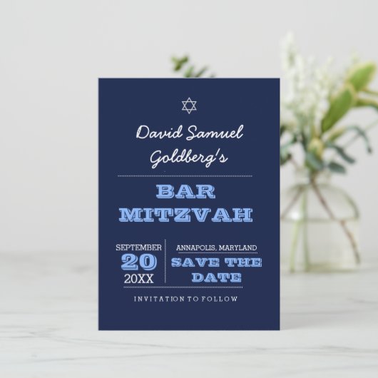 Navy Blue Bar Mitzvah Save the Date Kaart (Staand voorkant)