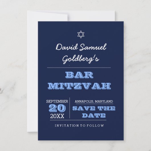 Navy Blue Bar Mitzvah Save the Date Kaart (Voorkant)