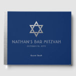 Navy Blue Bar Mitzvah Silver Star van David Custom Gastenboek<br><div class="desc">Elegant modern blauw en zilver klassiek bar mitzvah gepersonaliseerd aangepast gastenboek met aangepaste naam,  datum en ster van David.</div>