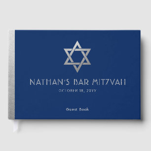 Navy Blue Bar Mitzvah Silver Star van David Custom Gastenboek