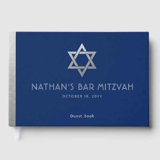 Navy Blue Bar Mitzvah Silver Star van David Custom Gastenboek (Voorkant)