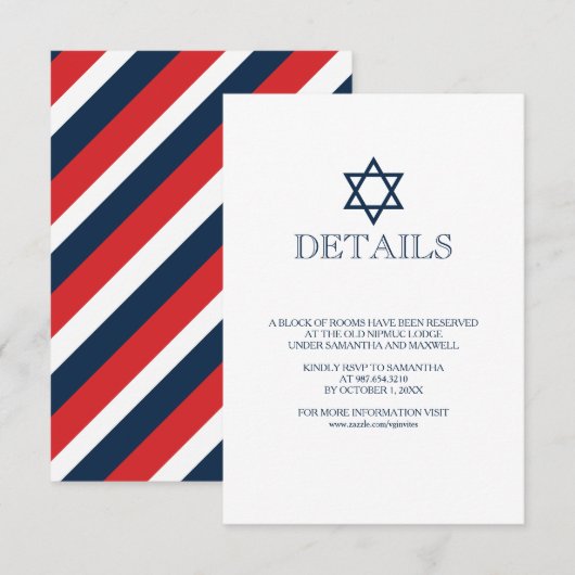 Navy Blue Bar Mitzvah — Specificatiekaart RSVP Kaartje (Voorkant / Achterkant)