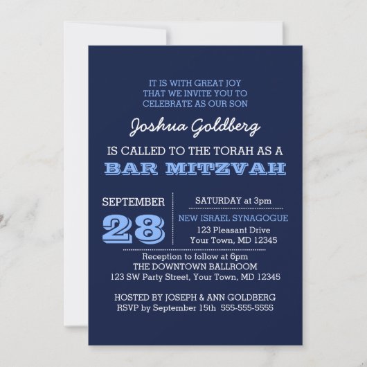 Navy Blue Bar Mitzvah Uitnodiging met naam Logo (Voorkant)