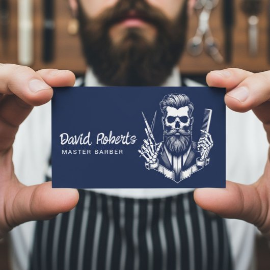 Navy Blue Barber Skull Professionele Haarstylist Visitekaartje
