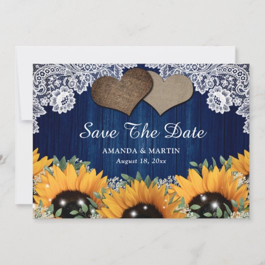 Navy Blue Barn en Sunflower redden de datumkaarten Save The Date (Voorkant)