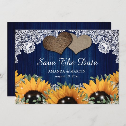 Navy Blue Barn en Sunflower redden de datumkaarten Save The Date (Voorkant / Achterkant)