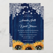 Navy Blue Barn Lace Sunflower Wedding Invitation Kaart (Voorkant / Achterkant)