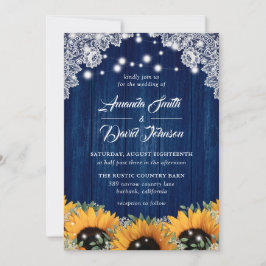 Navy Blue Barn Lace Sunflower Wedding Invitation Kaart