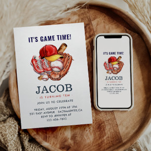 Navy Blue Baseball Kids Verjaardagsfeest Waterverf Kaart