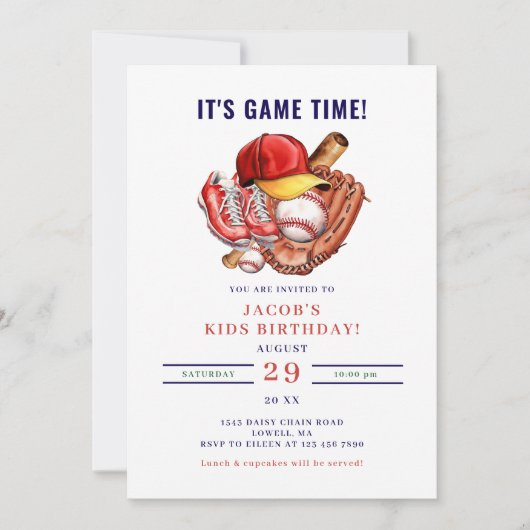 Navy Blue Baseball Kids Verjaardagsfeest Waterverf Kaart (Voorkant)