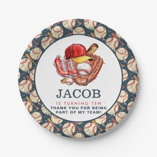 Navy Blue Baseball Kids Verjaardagsfeest Waterverf Papieren Bordje (Voorkant)