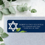 Navy Blue Bat Mitswa Star of David Floral Adres Etiket<br><div class="desc">Wees trots, verheug en toon deze mijlpaal van je favoriete Bat Mitzvah met dit geavanceerde, gepersonaliseerde etiket van je retouradres! Een witte ster van David, waterverf blad, en een modern san serif type bedekken een blauw marineschopje achtergrond. Pas de douanetekst met jouw naam en adres aan. Gegarandeerd om stijlvol plezier...</div>