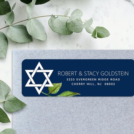 Navy Blue Bat Mitswa Star of David Floral Adres Etiket