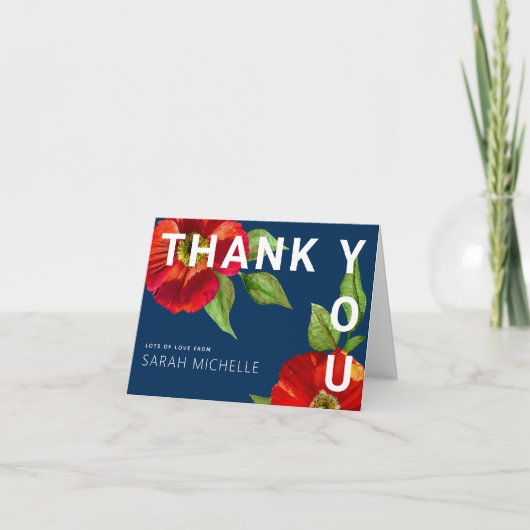 Navy Blue Bat Mitzvah Modern Red Floral Waterverf Bedankkaart (Voorkant)