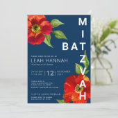 Navy Blue Bat Mitzvah Red Floral Moderne Waterverf Kaart (Staand voorkant)