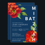 Navy Blue Bat Mitzvah Red Floral Moderne Waterverf Kaart<br><div class="desc">Wees trots, blij en toon deze mijlpaal van je favoriete Bat Mitzvah met deze geavanceerde, persoonlijke uitnodiging! Een griezelige rode waterverf met het moderne type san serif bedekt een blauw marineklein. Pas de douanetekst met de naam, de datum, en de plaatsinformatie van uw Bat Mitzvah aan. Gegarandeerd om een stijlvol...</div>