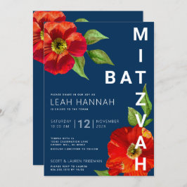 Navy Blue Bat Mitzvah Red Floral Moderne Waterverf Kaart