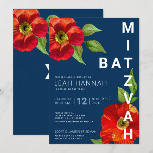 Navy Blue Bat Mitzvah Red Floral Moderne Waterverf Kaart