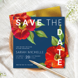 Navy Blue Bat Mitzvah Rode Bloemen Waterverf Plein Save The Date