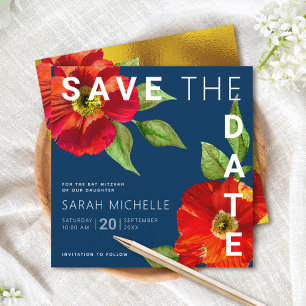 Navy Blue Bat Mitzvah Rode Bloemen Waterverf Plein Save The Date