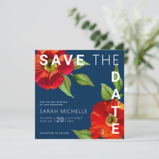 Navy Blue Bat Mitzvah Rode Bloemen Waterverf Plein Save The Date (Staand voorkant)
