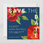 Navy Blue Bat Mitzvah Rode Bloemen Waterverf Plein Save The Date (Voorkant)