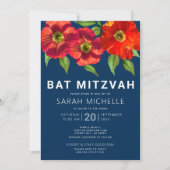 Navy Blue Bat Mitzvah Rode Waterverf Bloemen Moder Kaart (Voorkant)