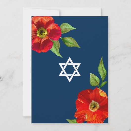 Navy Blue Bat Mitzvah Rode Waterverf Bloemen Moder Kaart (Achterkant)