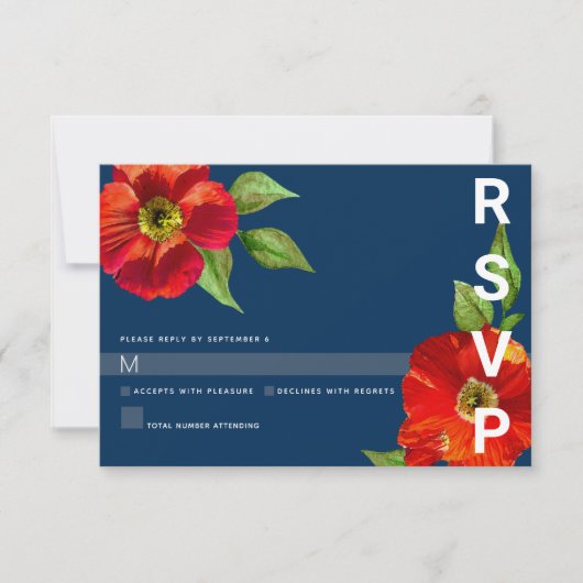 Navy Blue Bat Mitzvah Rood Bloemen Waterverf Bold RSVP Kaartje (Voorkant)