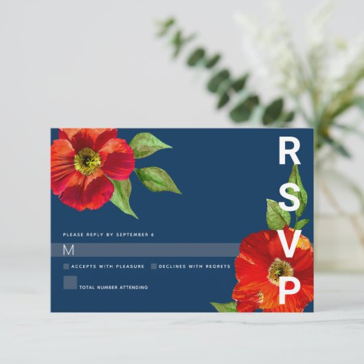 Navy Blue Bat Mitzvah Rood Bloemen Waterverf Bold RSVP Kaartje (Staand voorkant)
