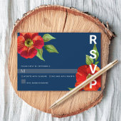 Navy Blue Bat Mitzvah Rood Bloemen Waterverf Bold RSVP Kaartje