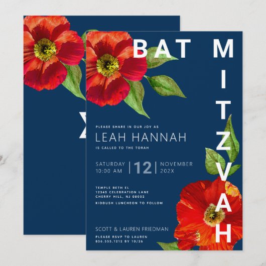 Navy Blue Bat Mitzvah Rood Bloemen Waterverf Moder Kaart (Voorkant / Achterkant)