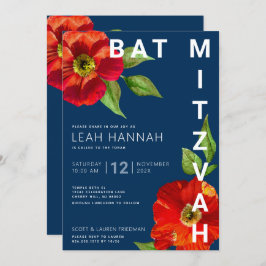 Navy Blue Bat Mitzvah Rood Bloemen Waterverf Moder Kaart